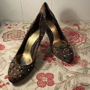 Enzo Angiolini Brown Embellished Beaded, Stud Paisley Elegant Vintage Heels